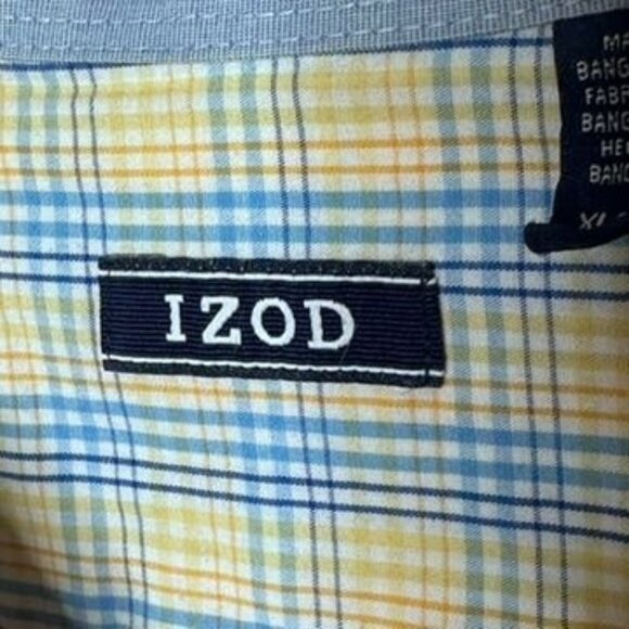 Izod Plaid Button Down Dress Shirt Mens XL Cotton Yellow Blue Preppy Office Work - Picture 2 of 9